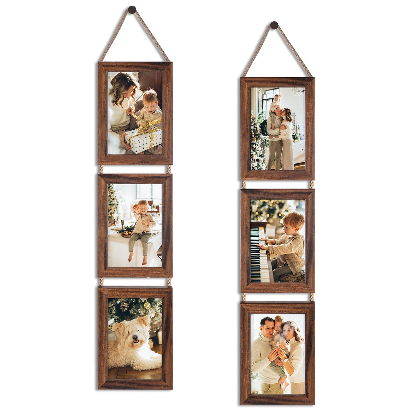 QUTREY 5x7 Collage Picture Frames, 6 Openings Hanging Photo Frame Set Display Vertical 5 by 7 inch Pictures for Wall Decor, Rustic Walnut Brown, 2 Pack