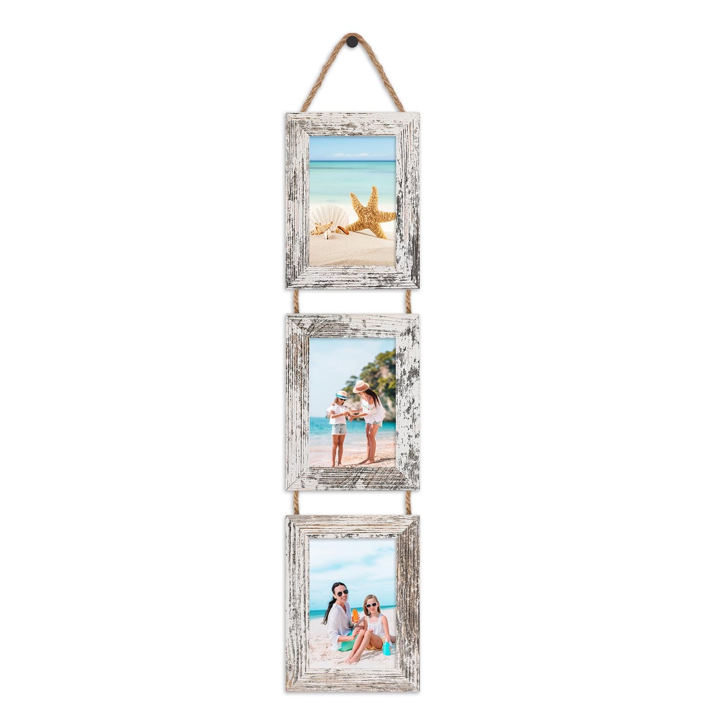 QUTREY 5x7 Collage Picture Frames, 6 Openings Hanging Photo Frame Set Display Vertical 5 by 7 inch Pictures for Wall Decor, Rustic Walnut Brown, 2 Pack