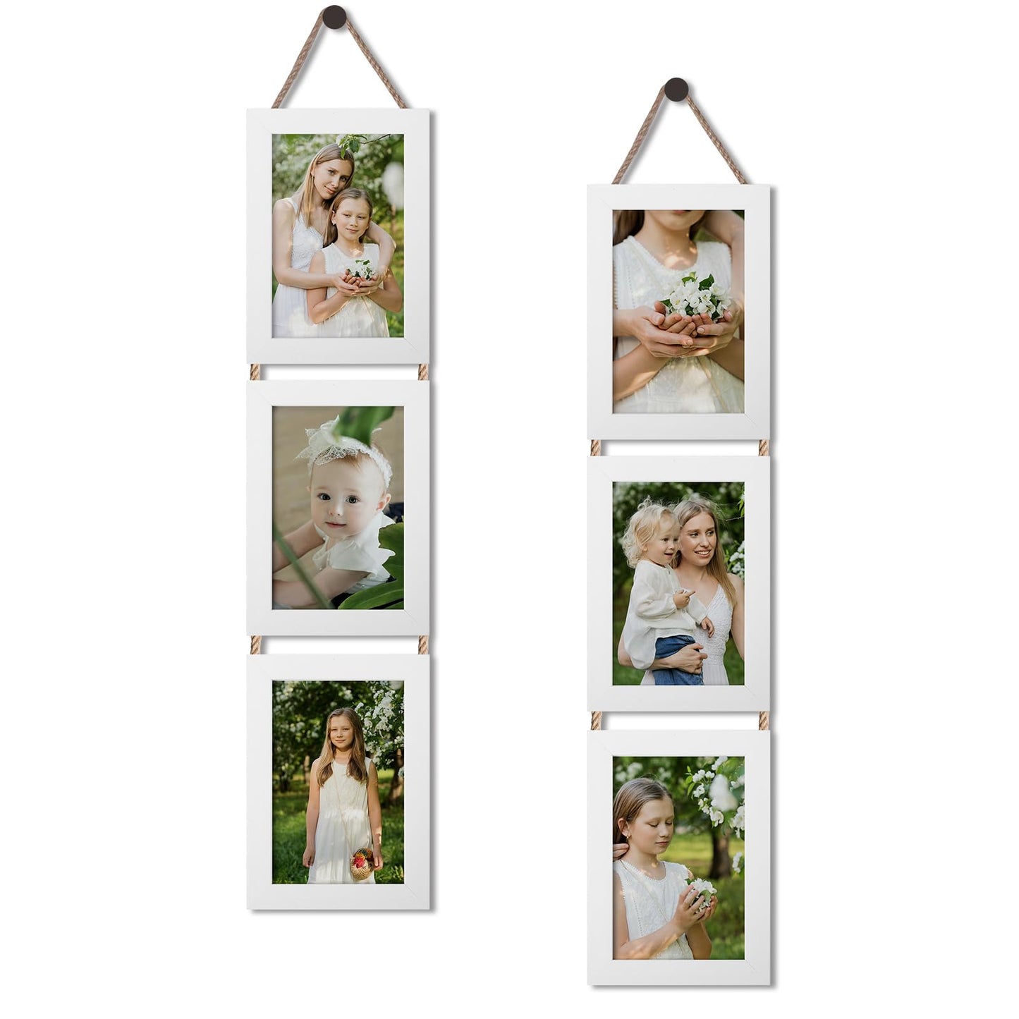 QUTREY 5x7 Collage Picture Frames, 6 Openings Hanging Photo Frame Set Display Vertical 5 by 7 inch Pictures for Wall Decor, Rustic Walnut Brown, 2 Pack