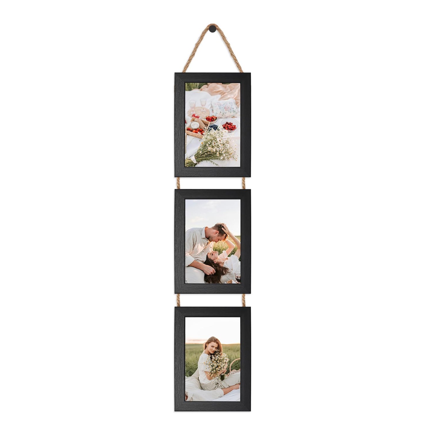QUTREY 5x7 Collage Picture Frames, 6 Openings Hanging Photo Frame Set Display Vertical 5 by 7 inch Pictures for Wall Decor, Rustic Walnut Brown, 2 Pack