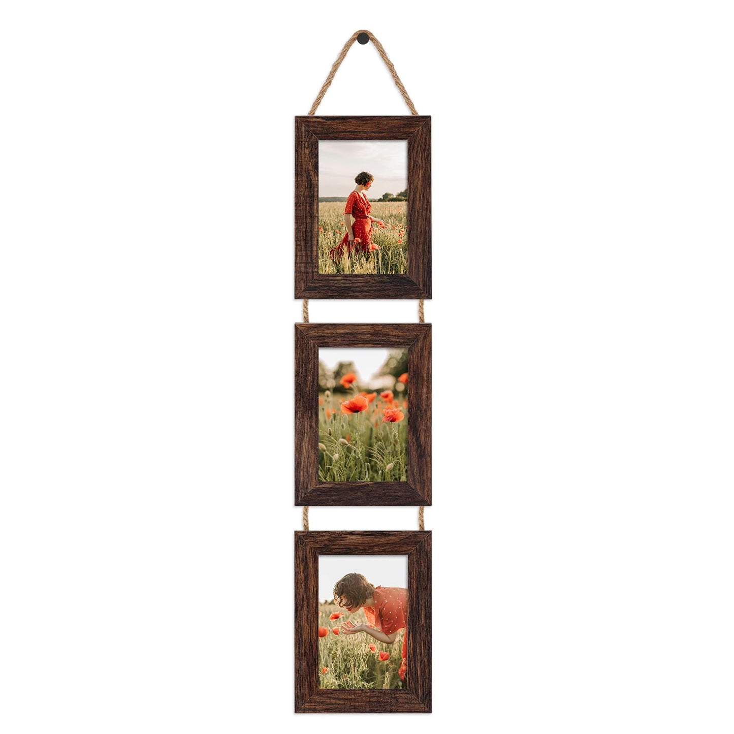QUTREY 5x7 Collage Picture Frames, 6 Openings Hanging Photo Frame Set Display Vertical 5 by 7 inch Pictures for Wall Decor, Rustic Walnut Brown, 2 Pack