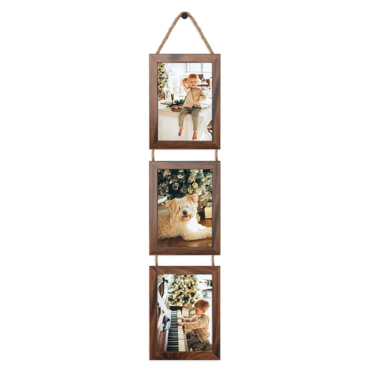 QUTREY 5x7 Collage Picture Frames, 6 Openings Hanging Photo Frame Set Display Vertical 5 by 7 inch Pictures for Wall Decor, Rustic Walnut Brown, 2 Pack