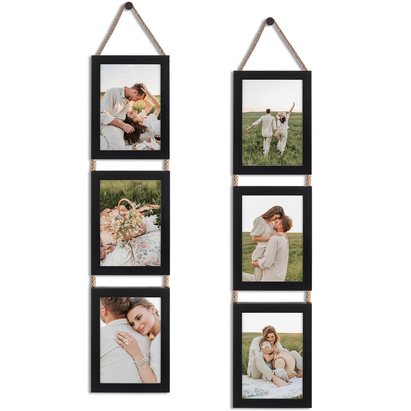 QUTREY 5x7 Collage Picture Frames, 6 Openings Hanging Photo Frame Set Display Vertical 5 by 7 inch Pictures for Wall Decor, Rustic Walnut Brown, 2 Pack