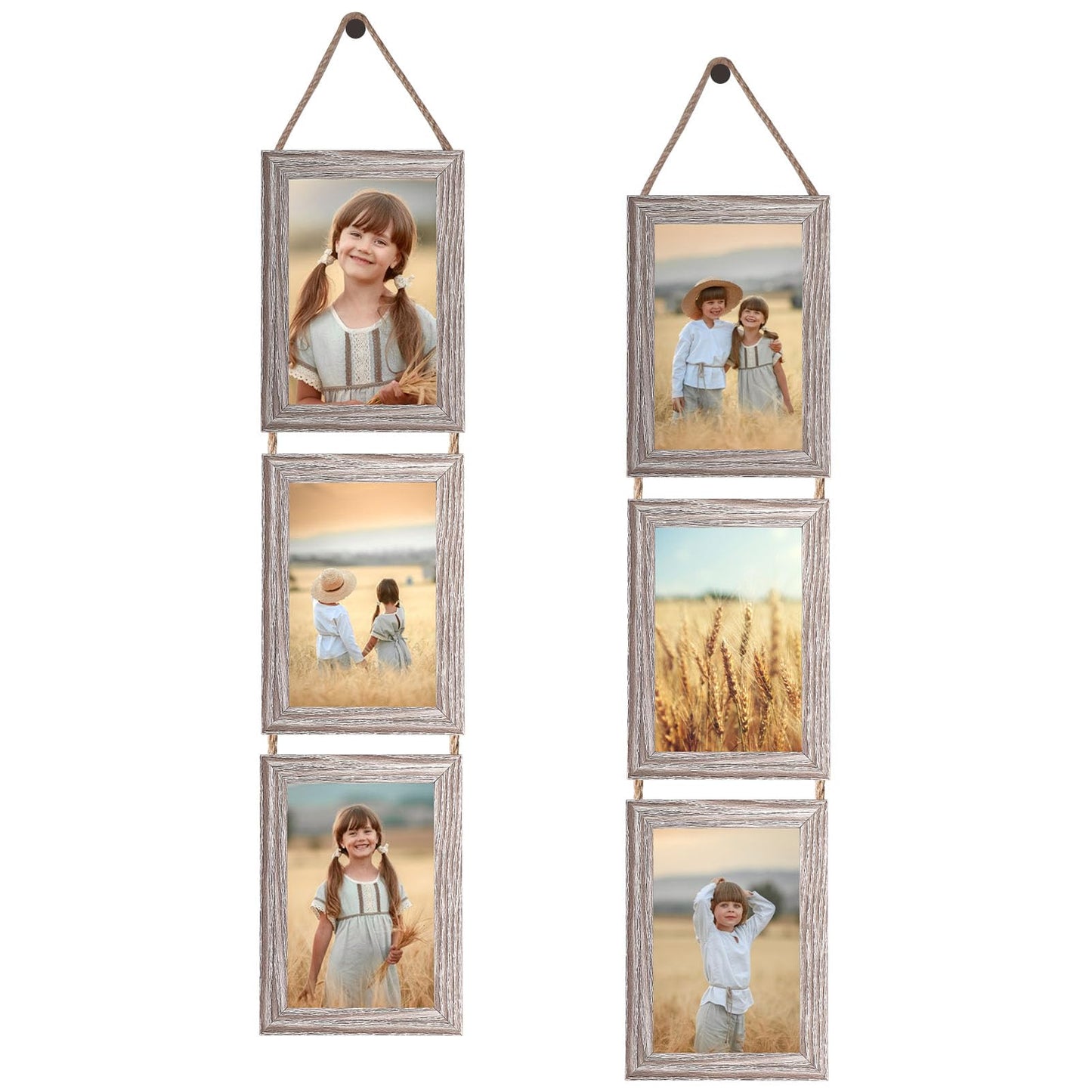QUTREY 5x7 Collage Picture Frames, 6 Openings Hanging Photo Frame Set Display Vertical 5 by 7 inch Pictures for Wall Decor, Rustic Walnut Brown, 2 Pack