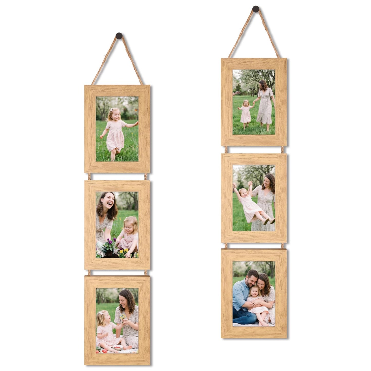 QUTREY 5x7 Collage Picture Frames, 6 Openings Hanging Photo Frame Set Display Vertical 5 by 7 inch Pictures for Wall Decor, Rustic Walnut Brown, 2 Pack