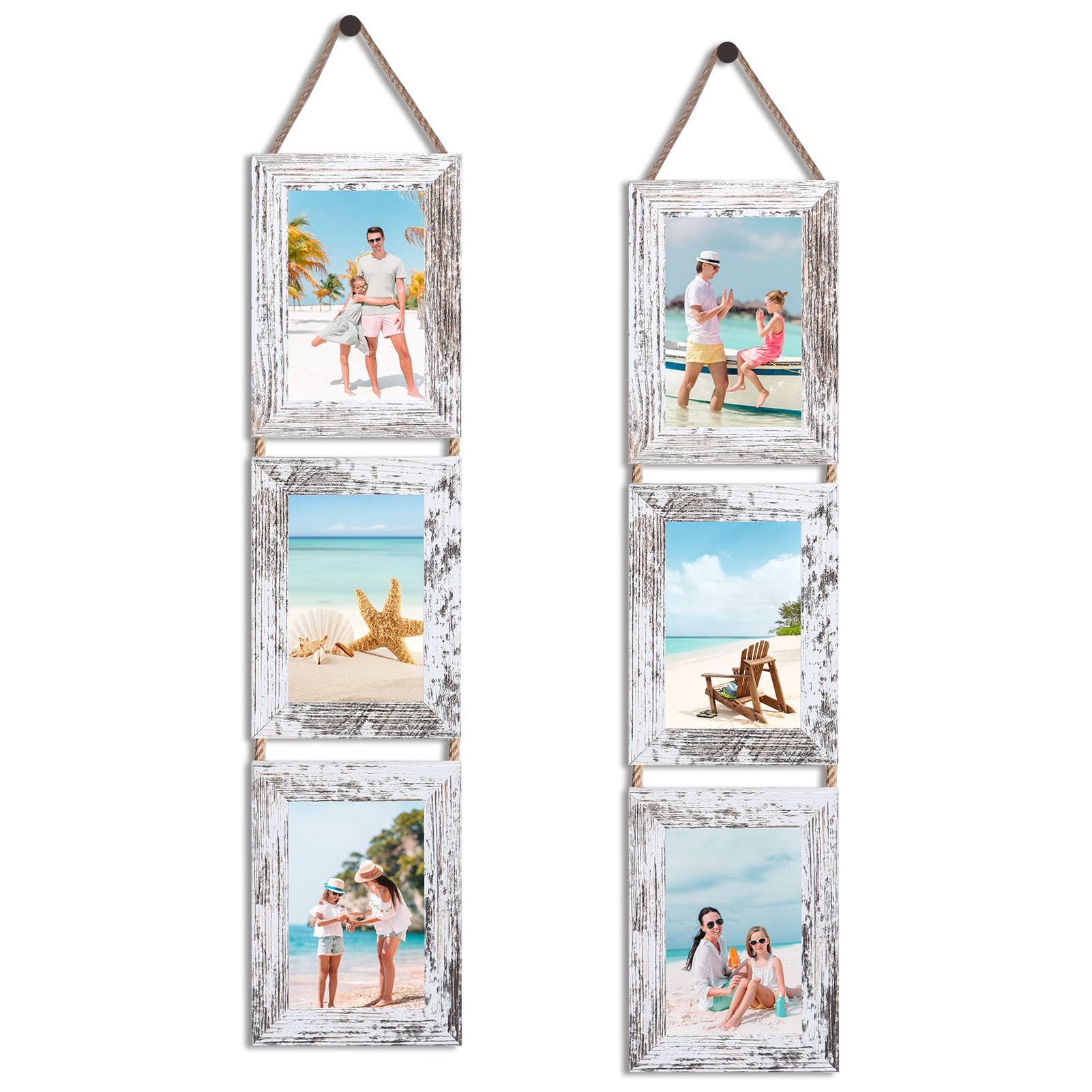 QUTREY 5x7 Collage Picture Frames, 6 Openings Hanging Photo Frame Set Display Vertical 5 by 7 inch Pictures for Wall Decor, Rustic Walnut Brown, 2 Pack