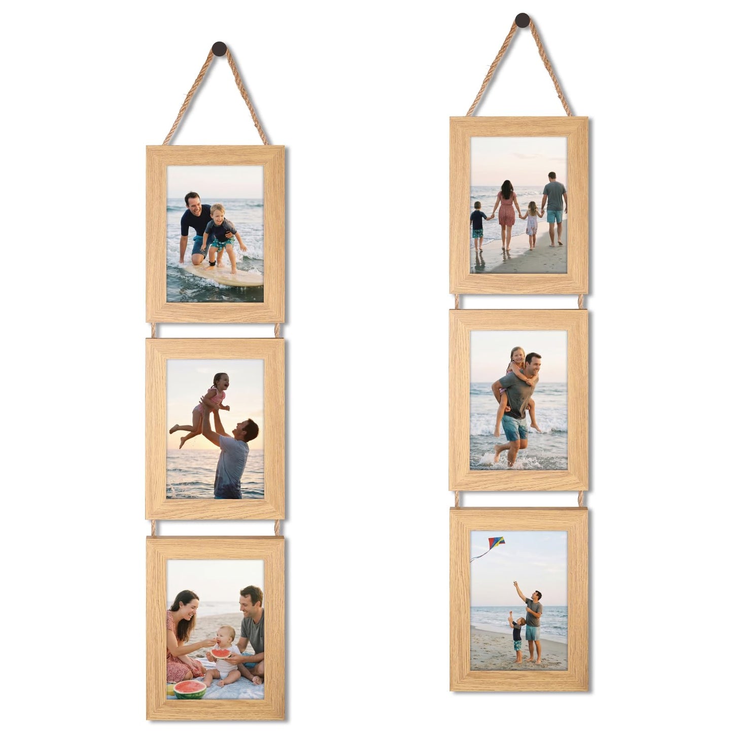 QUTREY 5x7 Collage Picture Frames, 6 Openings Hanging Photo Frame Set Display Vertical 5 by 7 inch Pictures for Wall Decor, Rustic Walnut Brown, 2 Pack
