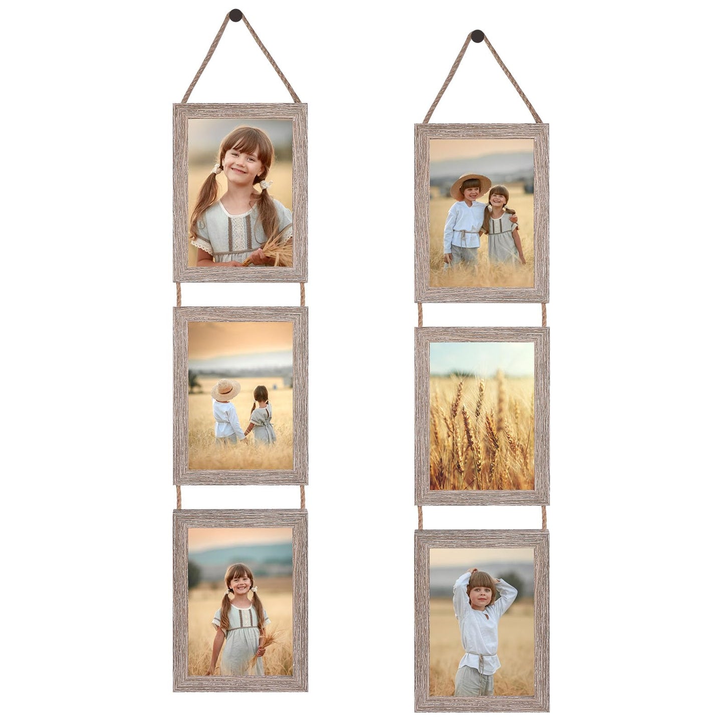 QUTREY 5x7 Collage Picture Frames, 6 Openings Hanging Photo Frame Set Display Vertical 5 by 7 inch Pictures for Wall Decor, Rustic Walnut Brown, 2 Pack
