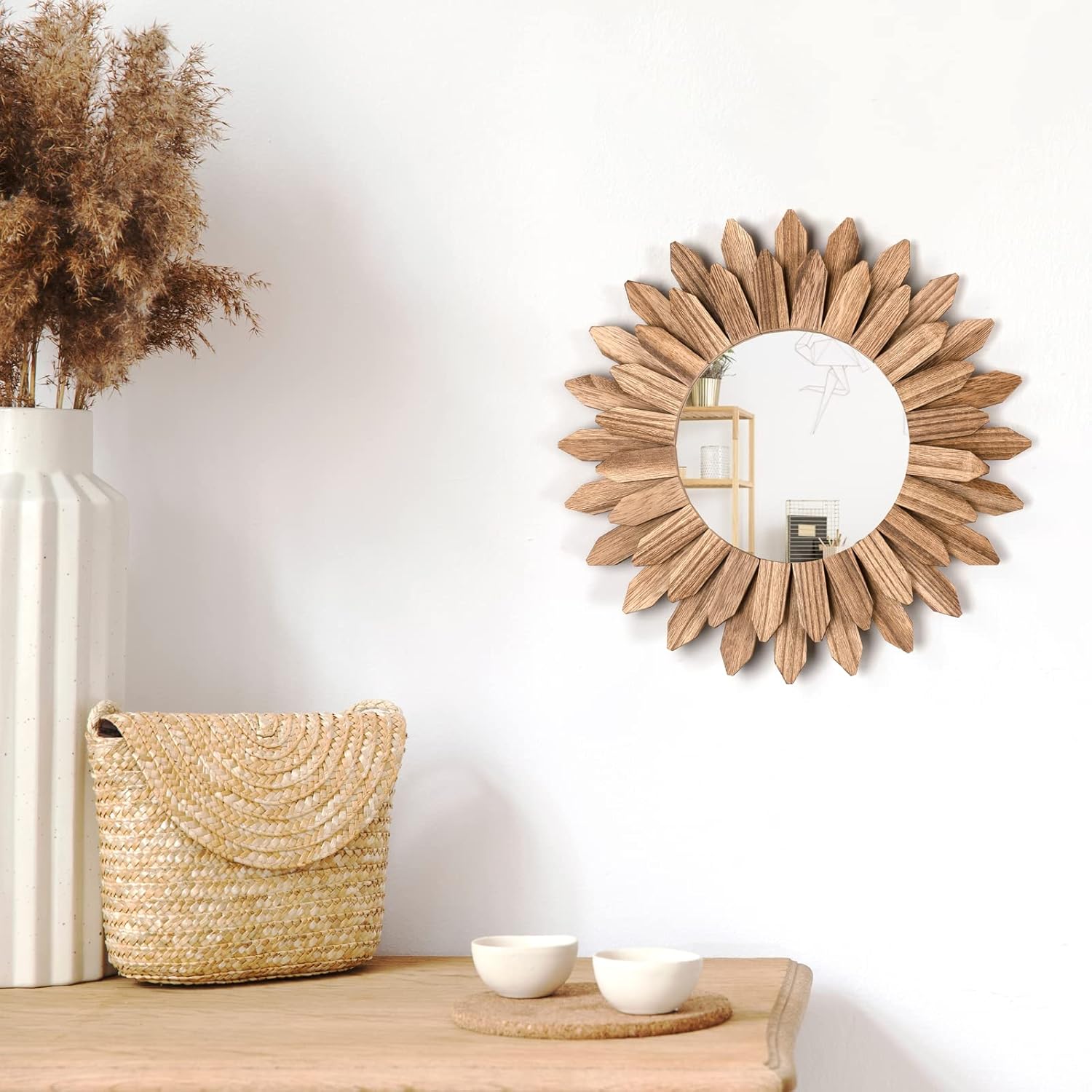 Honiway Wall Mirror Decorative 12 inch Rustic Wood Mirror Sunburst Boho Mirror for Entryway Bedroom Living Room Bathroom House Warming Gifts New Home Essential Carbonized Black