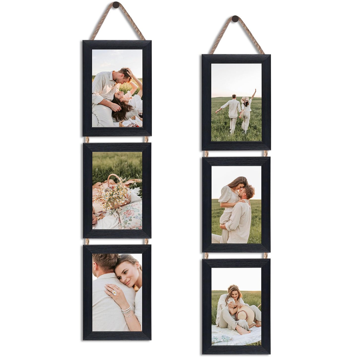 QUTREY 5x7 Collage Picture Frames, 6 Openings Hanging Photo Frame Set Display Vertical 5 by 7 inch Pictures for Wall Decor, Rustic Walnut Brown, 2 Pack