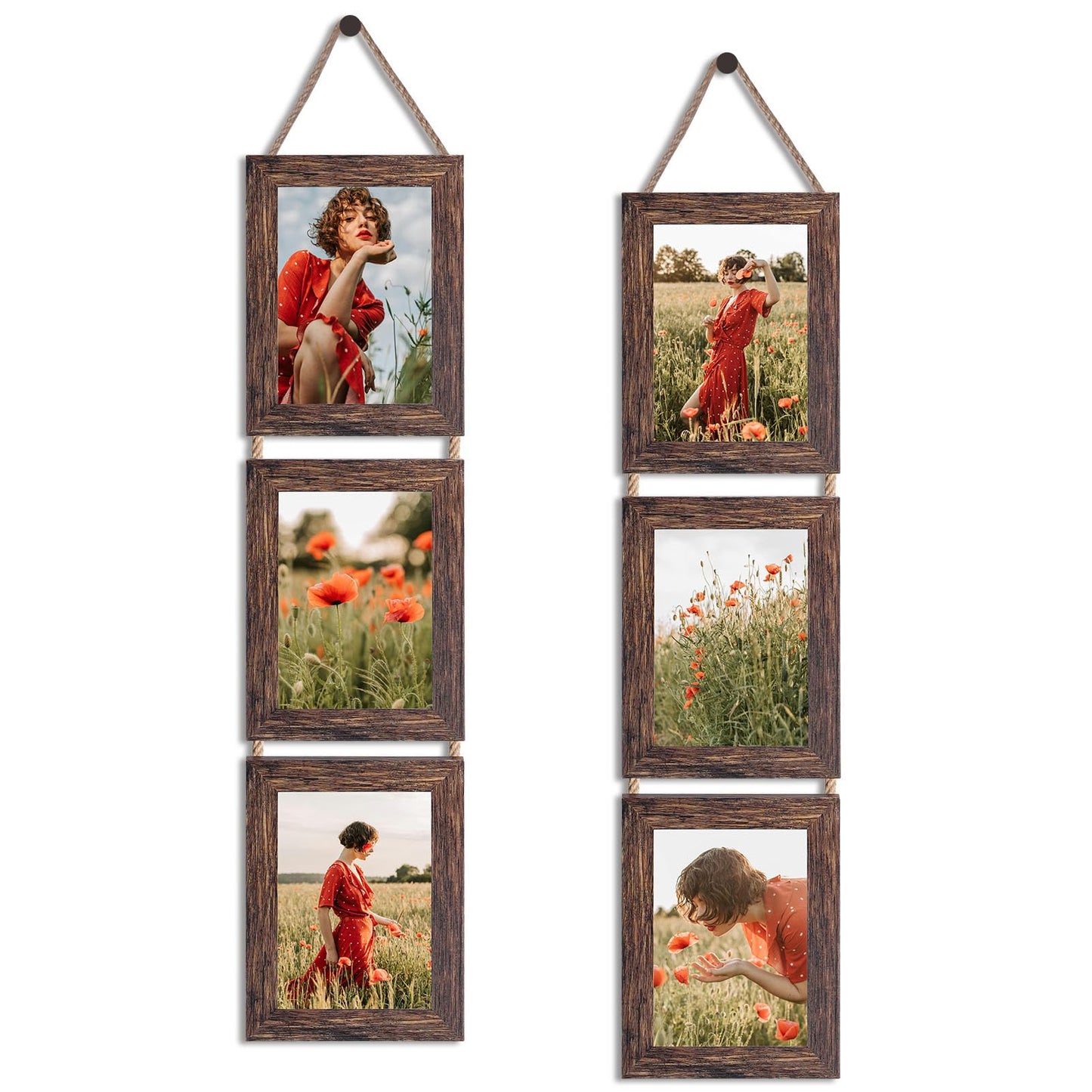 QUTREY 5x7 Collage Picture Frames, 6 Openings Hanging Photo Frame Set Display Vertical 5 by 7 inch Pictures for Wall Decor, Rustic Walnut Brown, 2 Pack