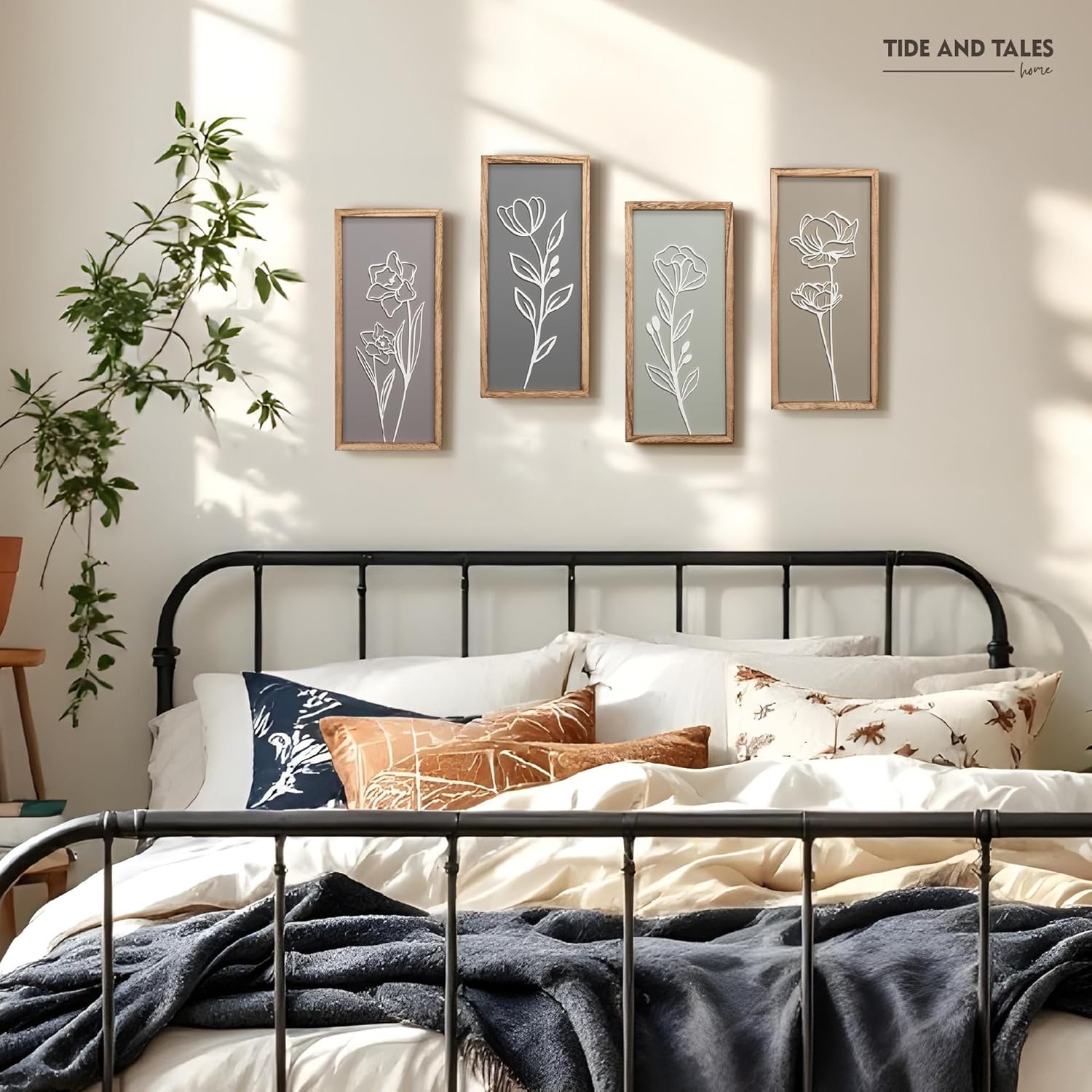 3D Wooden Floral Bathroom Wall Decor (Set of 4) Lightweight, Ready-to-Hang Framed Wall Art For Living Room, Bedroom, or Office - Premium Boho Botanical Farmhouse Decorations - Gift-Boxed