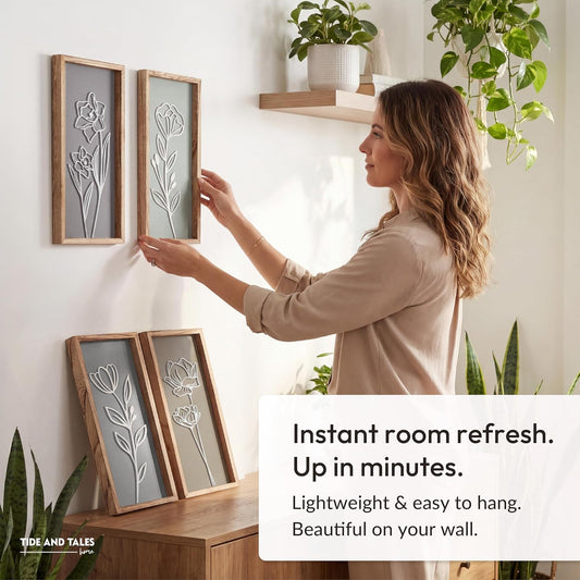 3D Wooden Floral Bathroom Wall Decor (Set of 4) Lightweight, Ready-to-Hang Framed Wall Art For Living Room, Bedroom, or Office - Premium Boho Botanical Farmhouse Decorations - Gift-Boxed